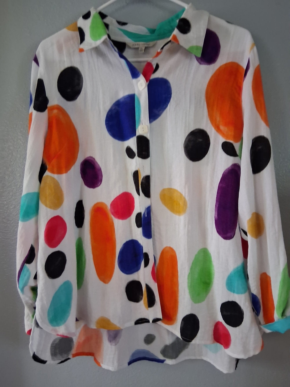 John Mark Water Color Polka Dot Button Up White Blouse Size PL